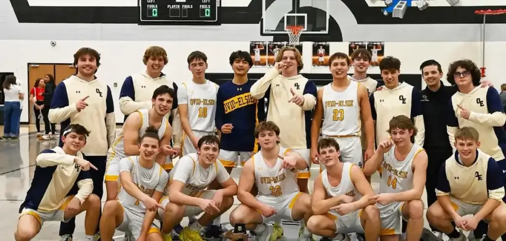 Ovid-Elsie Boys Varsity Basketball Team Includes: Jackson Custer, Joie Fabus, Javen Belill, Tryce Tokar, Travis Milner Jr., Owen Long, Mike Bancroft. Jake Bowen, Braxton O’Bryant, Tucker Loynes, Dalton Jordan, Jayce Herblet, Manager Nolan Rasch, Head coach Canyon Walker, Asst. Coach Jason Walker, Manager Joe Bancroft.